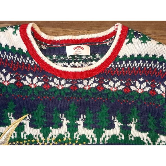 Mens Embroidered Howling Holiday Wolves 3D Gold Thread Moon Christmas XL Sweater - Picture 5 of 8